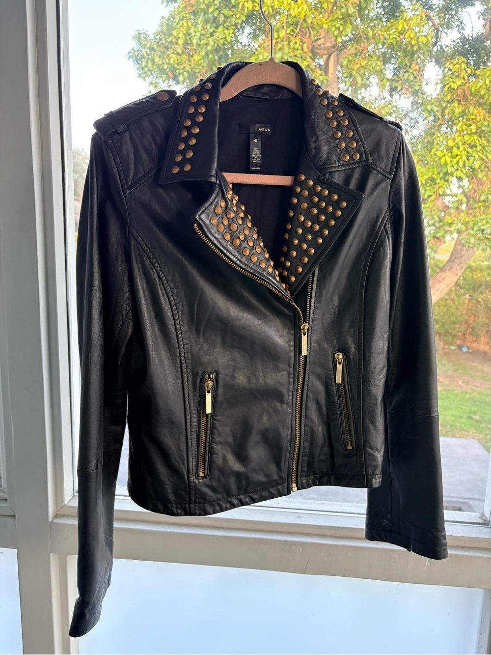 Aqua Black Leather Studded Moto Jacket with Gold Hardware